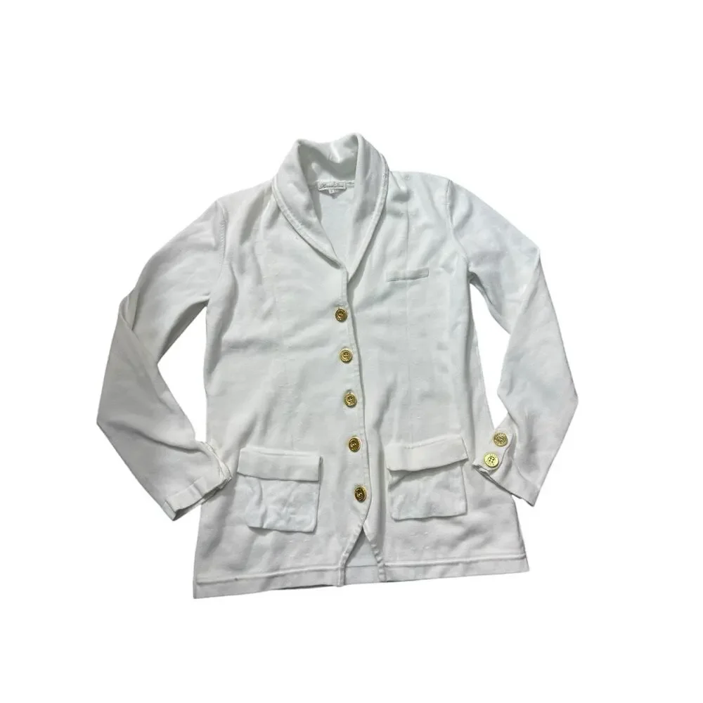 Mini Rose Women’s White Blazer Jacket S Cotton Nylon Spandex Gold Buttons - Picture 3 of 12